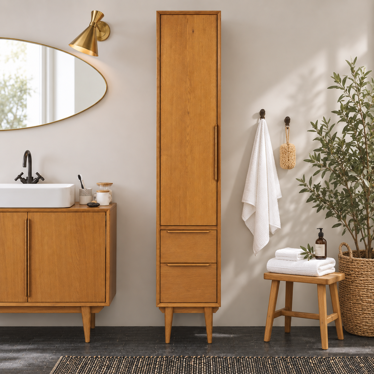 B002-BRF-0017-10 PORTOBELLO - Doğal Meşe Kaplama Vintage Banyo Dolabı - Görsel 1